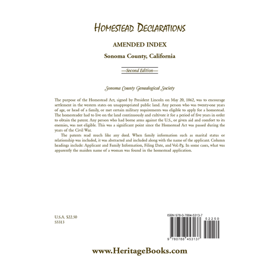 Homestead Declarations: Amended Index, Sonoma County, California, Second Edition back cover
