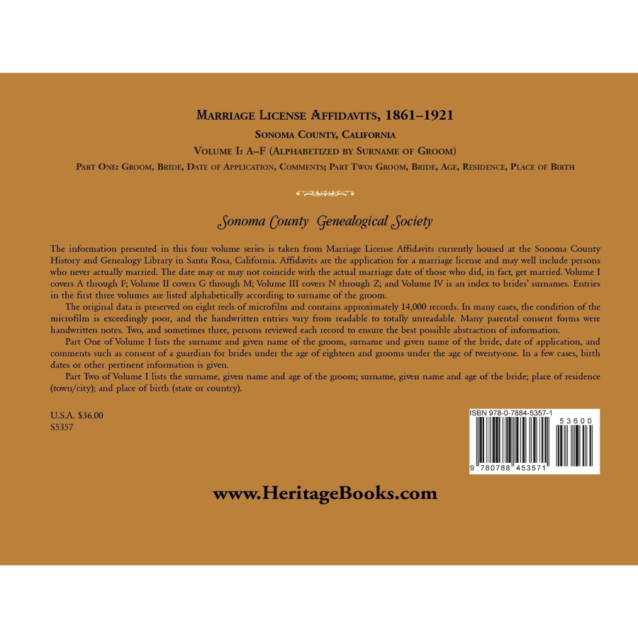 Marriage License Affidavits, 1861-1921, Sonoma County, California: Volume 1, A-F back cover