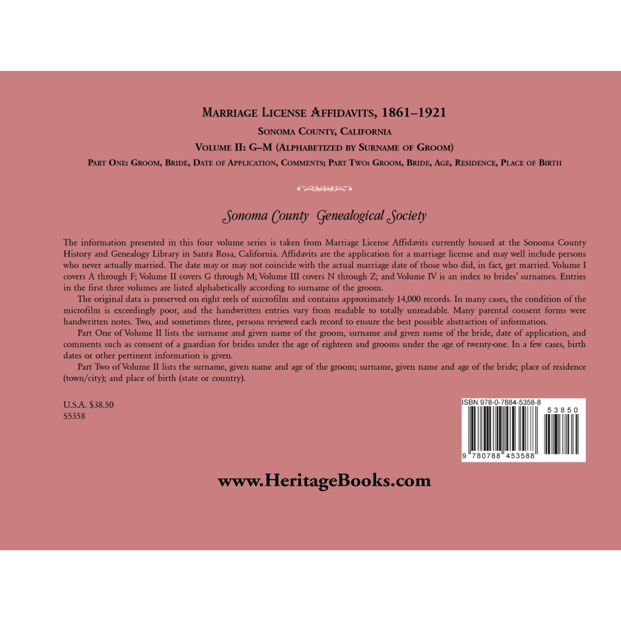 Marriage License Affidavits, 1861-1921, Sonoma County, California: Volume 2, G-M back cover
