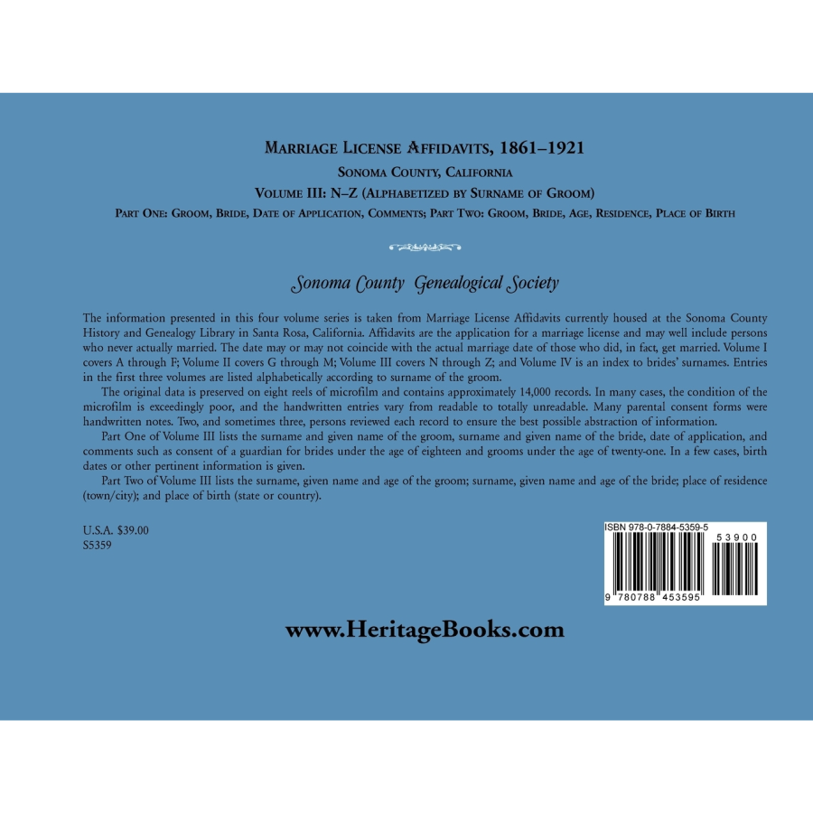 Marriage License Affidavits, 1861-1921, Sonoma County, California: Volume 3, N-Z back cover