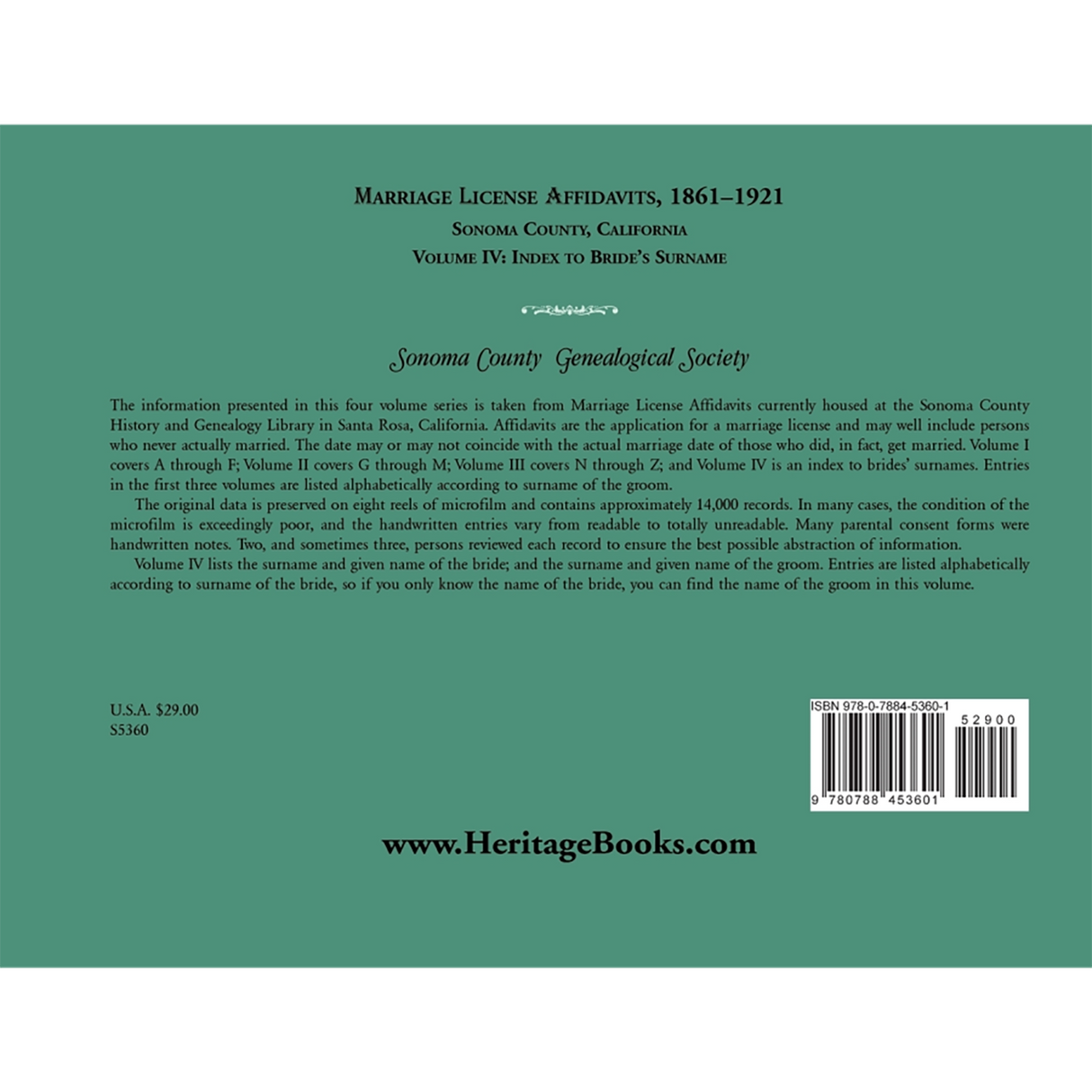 Marriage License Affidavits, 1861-1921, Sonoma County, California: Volume 4 back cover