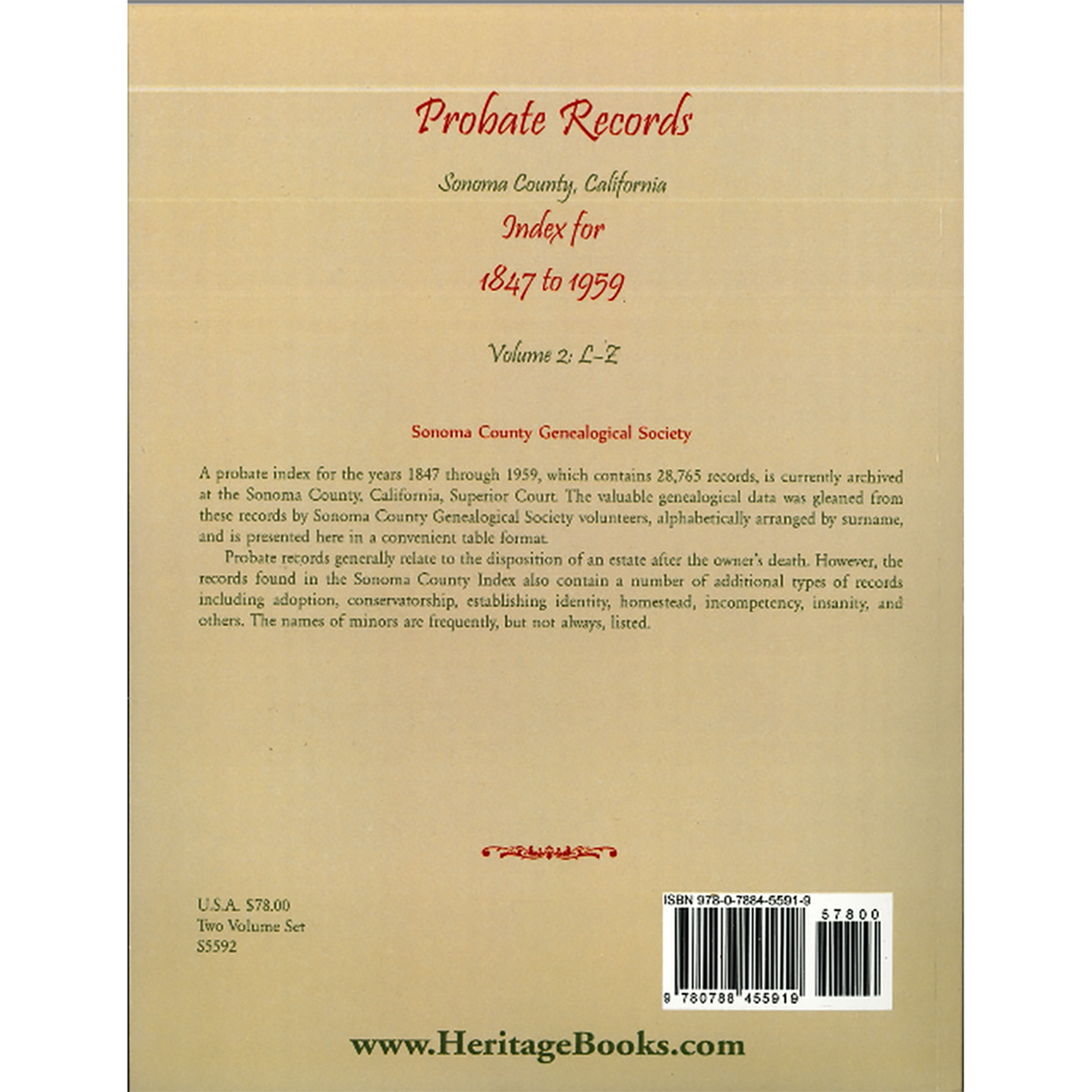 Probate Records, Sonoma County, California, Index for 1847 to 1959, Volume 2 back cover
