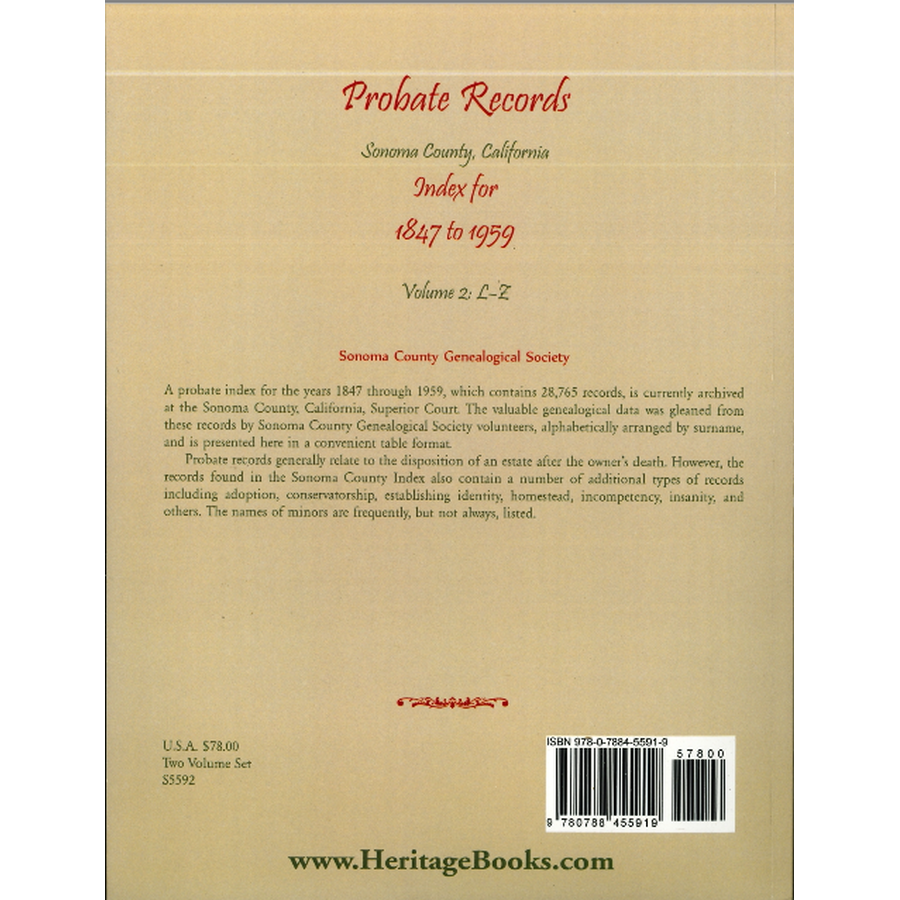Probate Records, Sonoma County, California, Index for 1847 to 1959, Volume 2 back cover