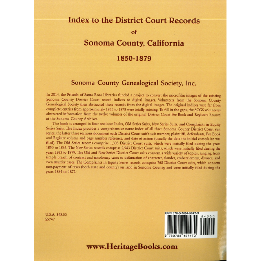 Index to the District Court Records of Sonoma County, California: 1850-1879 back cover