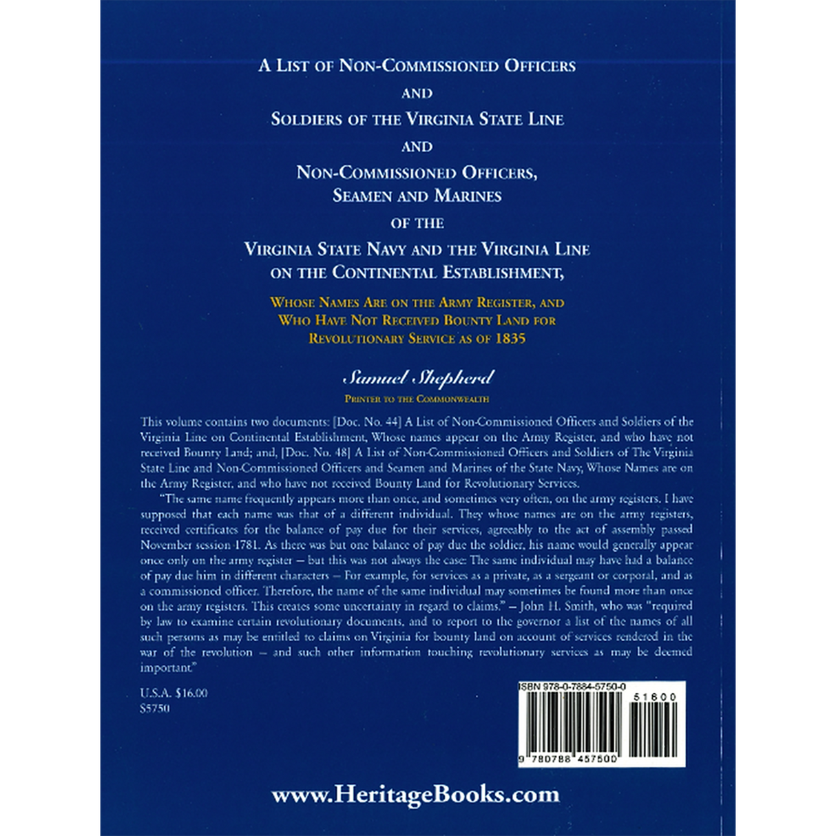 A List of Non-Commissioned Officers and Soldiers of the Virginia State Line back cover