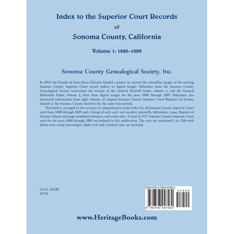 Index to the Superior Court Records of Sonoma County, California, 1880-1889 back cover