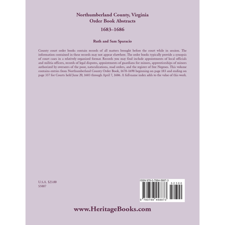 Northumberland County, Virginia Order Book Abstracts, 1683-1686 back cover