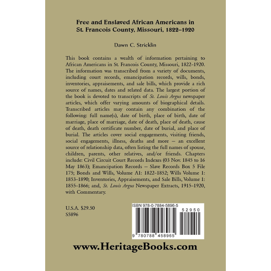 Free and Enslaved African Americans in St. Francois County, Missouri, 1822-1920 back cover