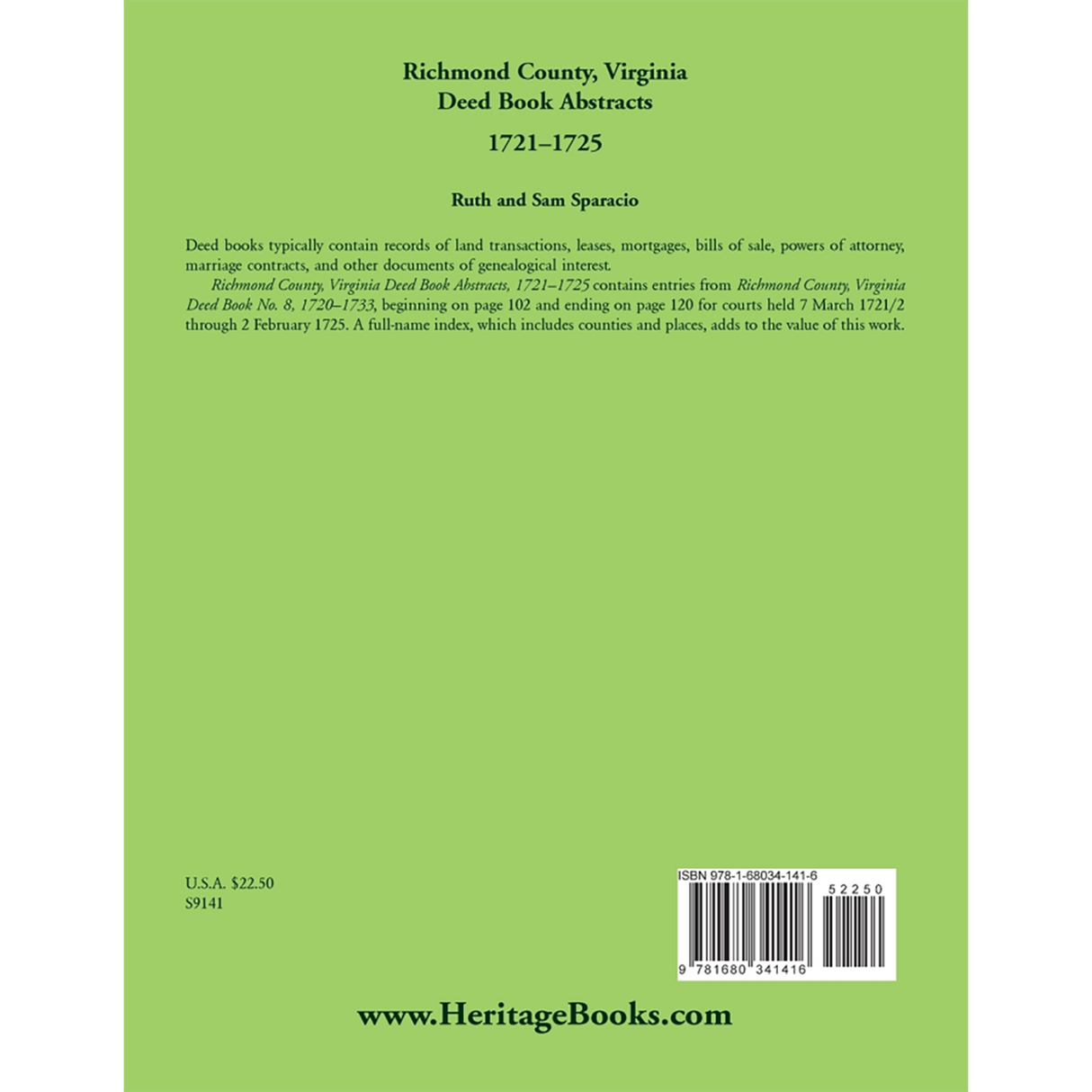 Richmond County, Virginia Deed Book Abstracts, 1721-1725 back cover