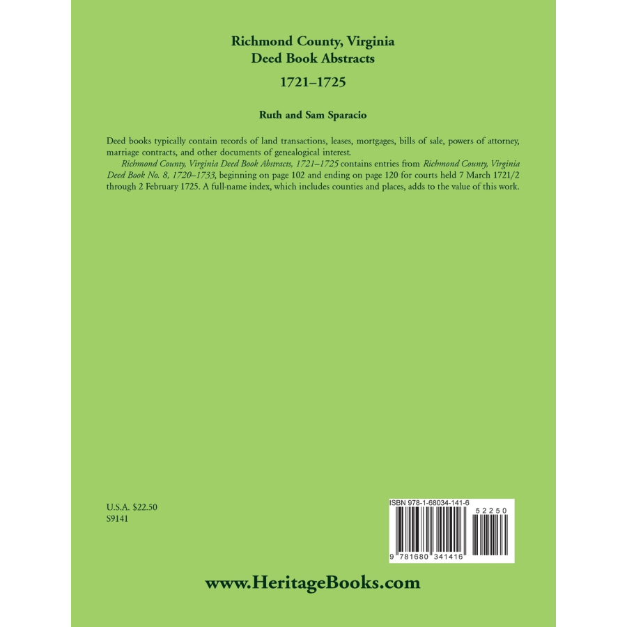 Richmond County, Virginia Deed Book Abstracts, 1721-1725 back cover