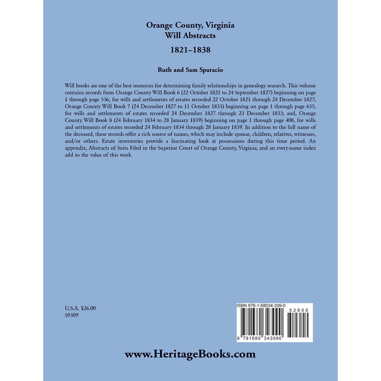 Orange County, Virginia Will Book Abstracts, 1821-1838 back cover
