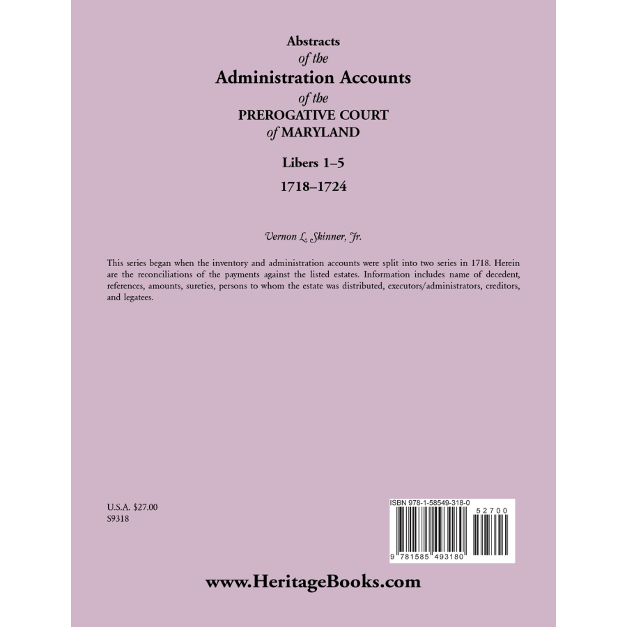 Abstracts of the Administration Accounts of the Prerogative Court of Maryland, 1718-1724, Libers 1-5 back cover