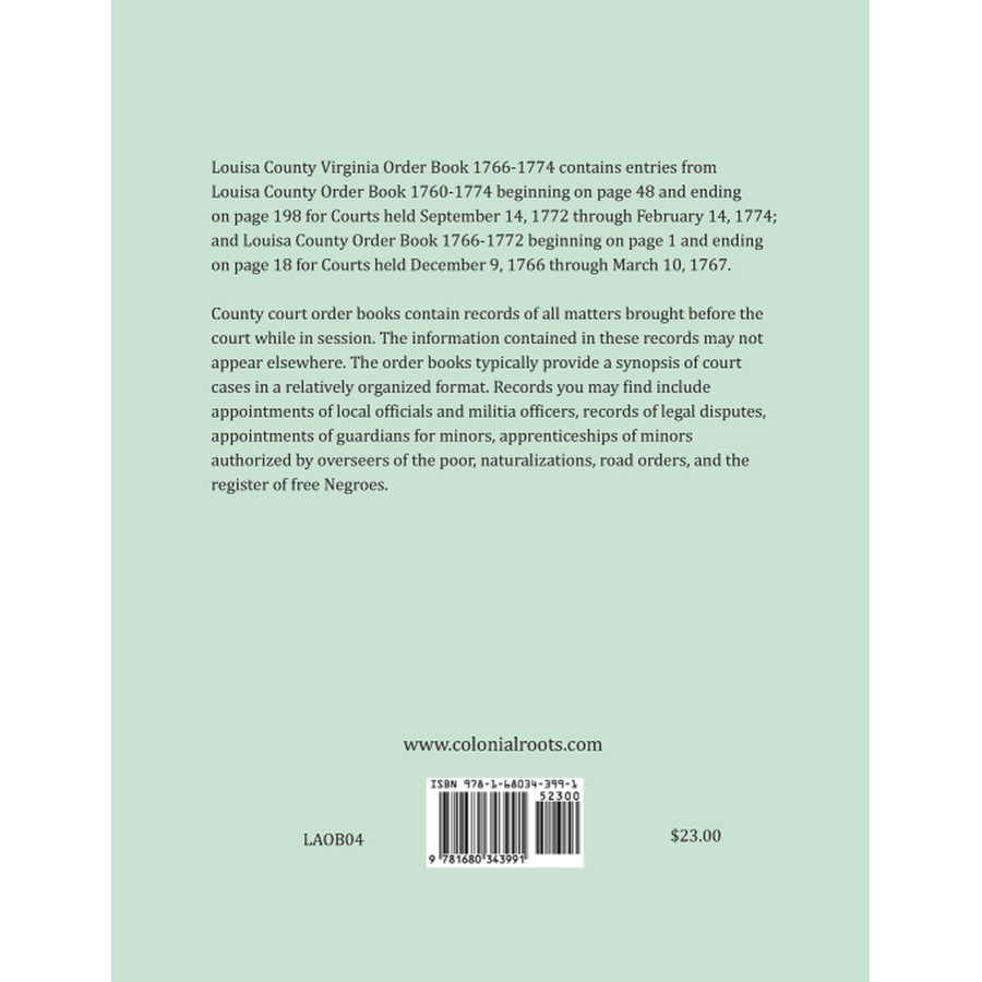 Louisa County, Virginia Order Book Abstracts 1772-1774 back cover