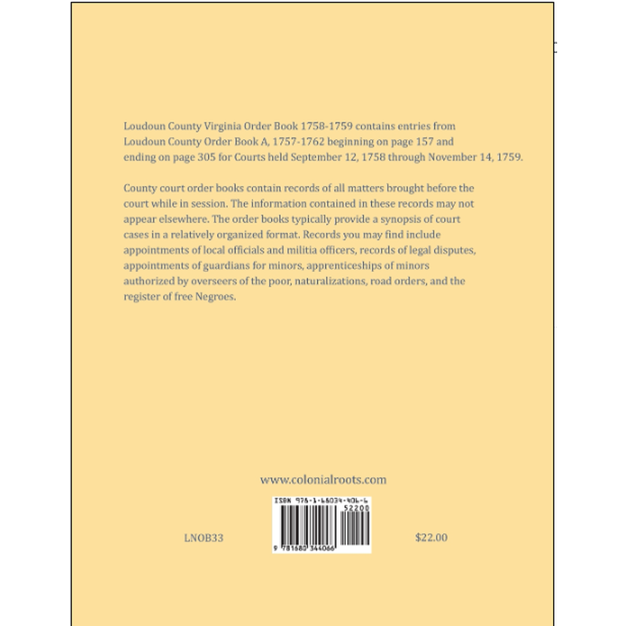 Loudoun County, Virginia Order Book Abstracts, 1758-1759 back cover