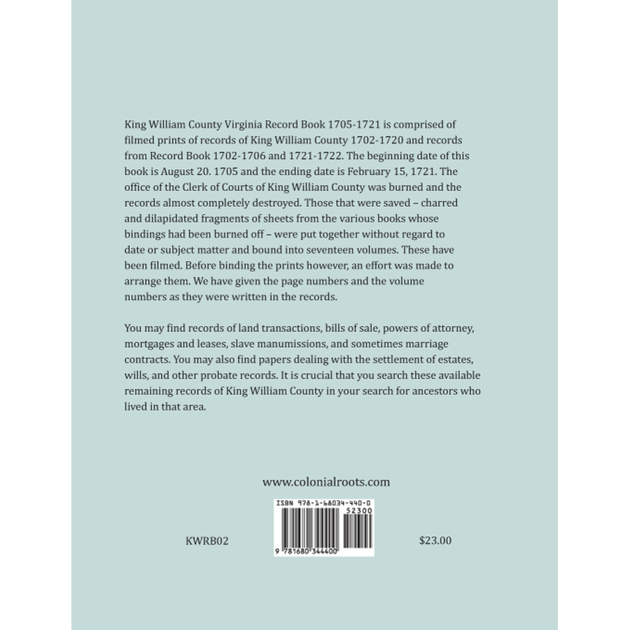 King William County, Virginia Record Book Abstracts 1705-1721 back cover