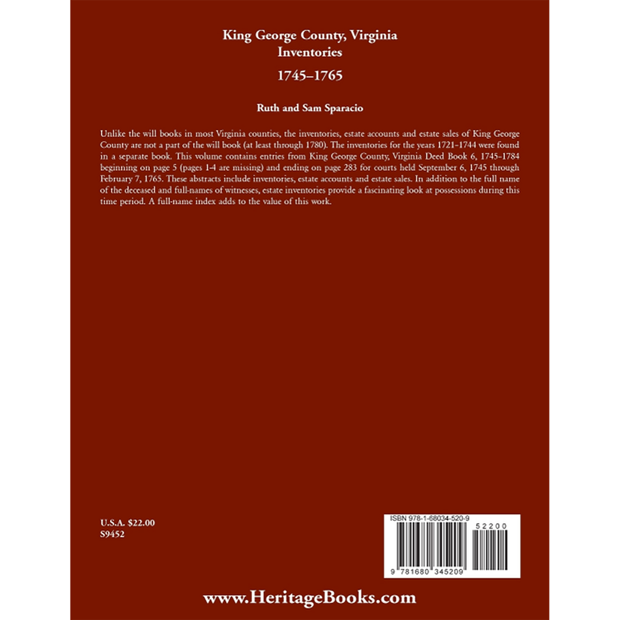 King George County, Virginia Inventories, 1745-1765 back cover