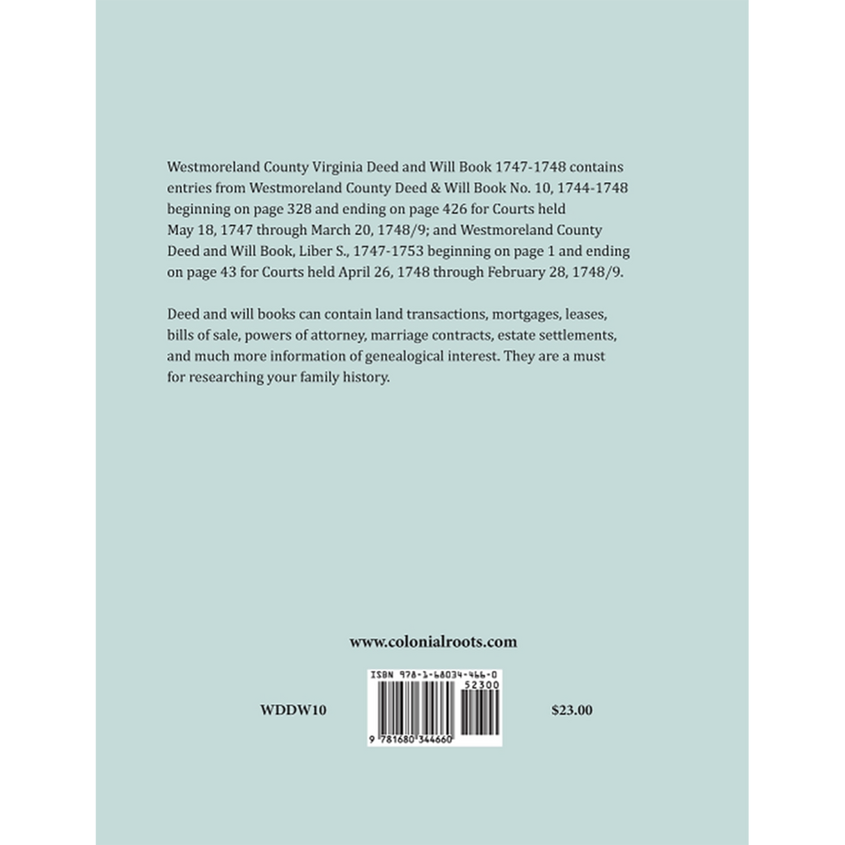 Westmoreland County, Virginia Deed and Will Book Abstracts 1747-1748 back cover