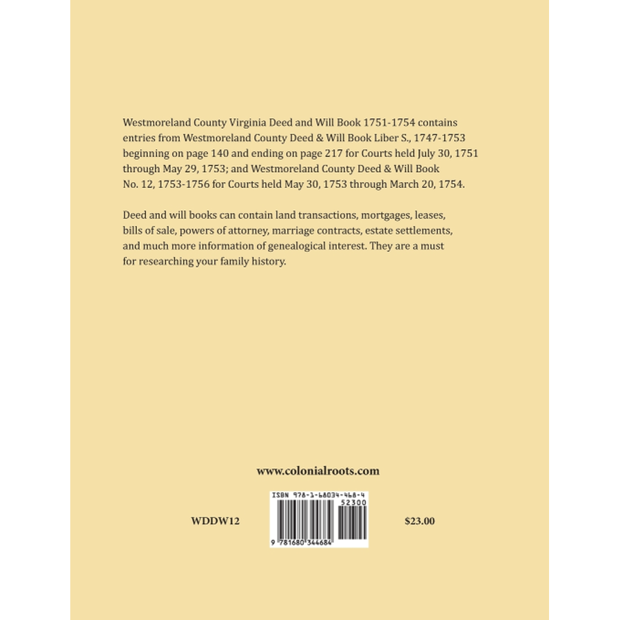 Westmoreland County, Virginia Deed and Will Book Abstracts 1751-1754 back cover