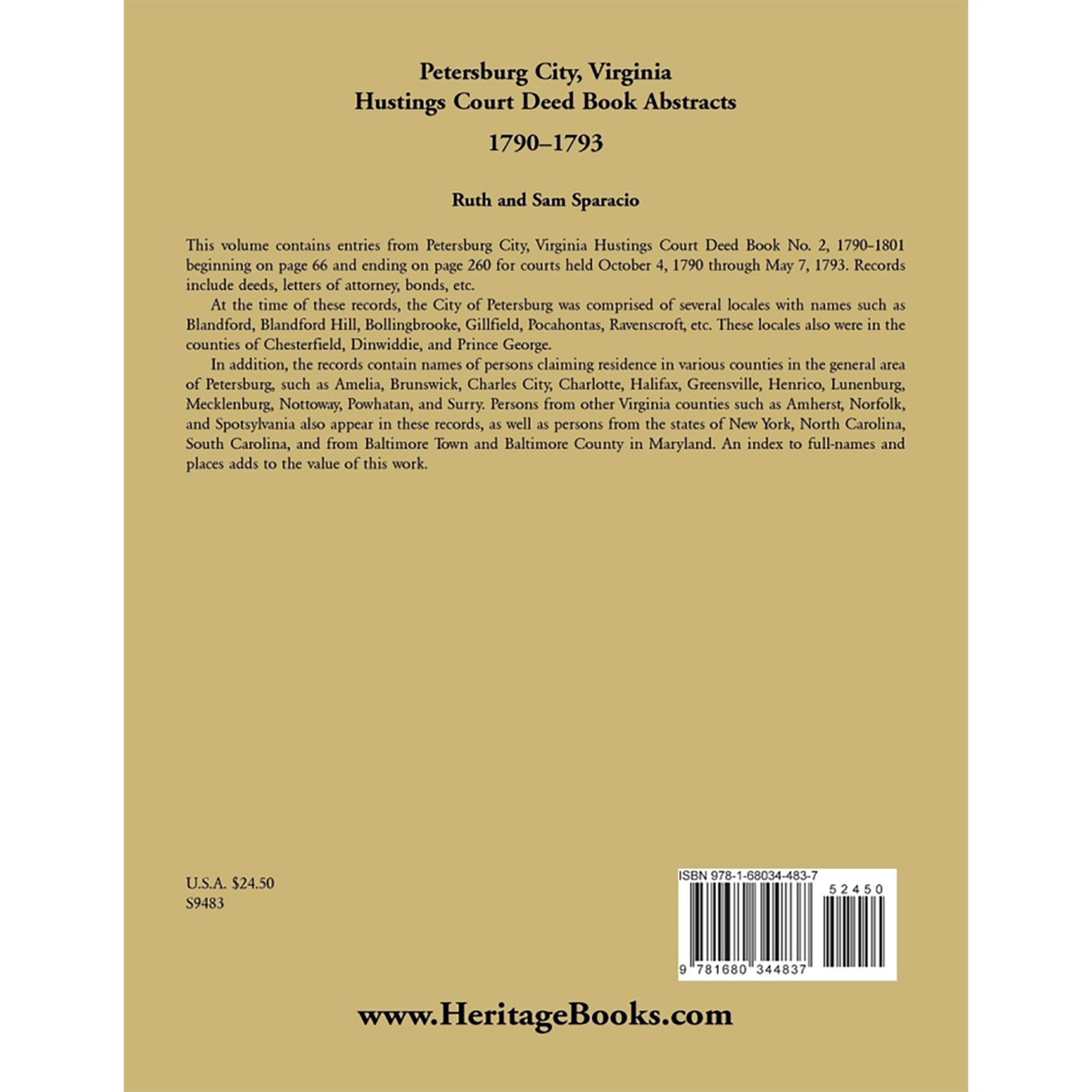 Petersburg City, Virginia Hustings Court Deed Book, 1790-1793 back cover