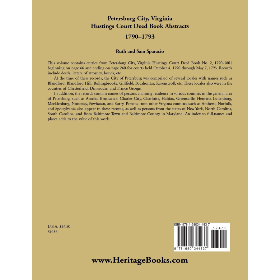 Petersburg City, Virginia Hustings Court Deed Book, 1790-1793 back cover