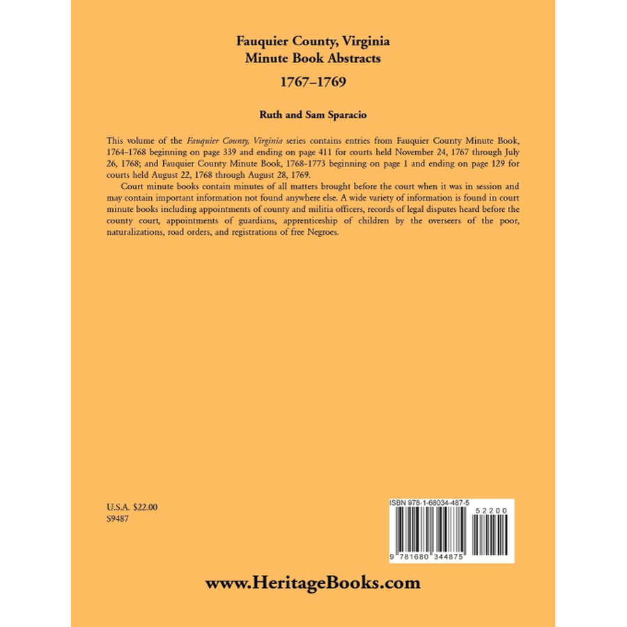 Fauquier County, Virginia Minute Book Abstracts 1767-1769 back cover