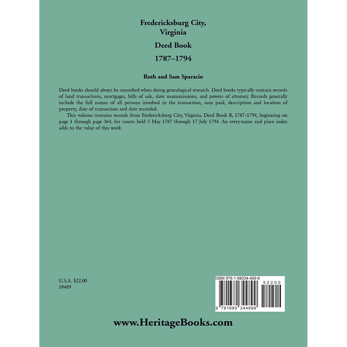 Fredericksburg City, Virginia Deed Book, 1787-1794 back cover