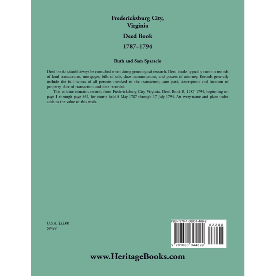 Fredericksburg City, Virginia Deed Book, 1787-1794 back cover