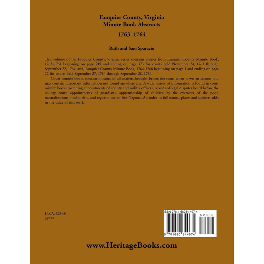 Fauquier County, Virginia Minute Book Abstracts 1763-1764 back cover