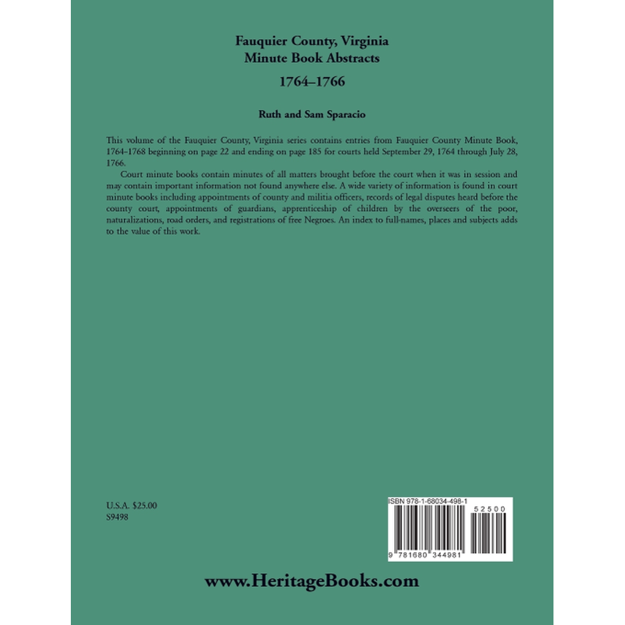 Fauquier County, Virginia Minute Book Abstracts 1764-1766 back cover