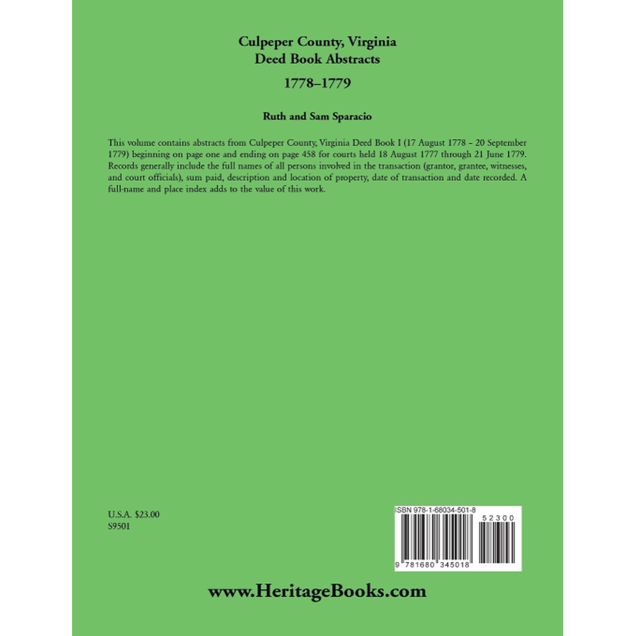 Culpeper County, Virginia Deed Book Abstracts 1778-1779 back cover