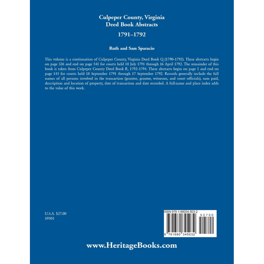 Culpeper County, Virginia Deed Book Abstracts 1791-1792 back cover