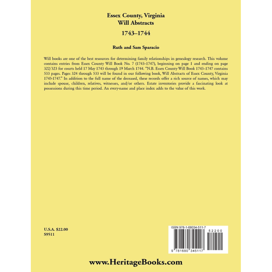 Essex County, Virginia Will Book Abstracts 1743-1744 back cover