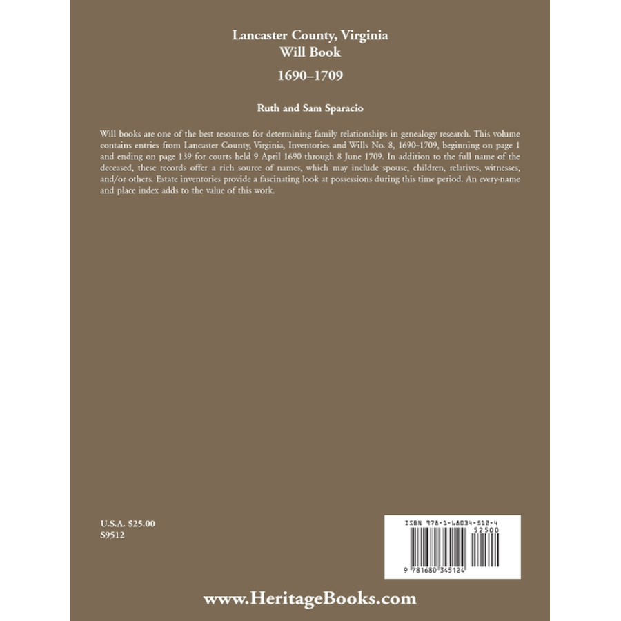 Lancaster County, Virginia Will Abstracts 1690-1709 back cover