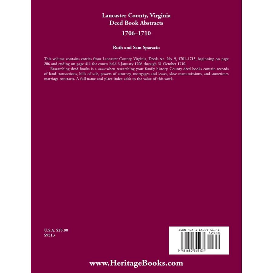 Lancaster County, Virginia Deed Book Abstracts 1706-1710 back cover