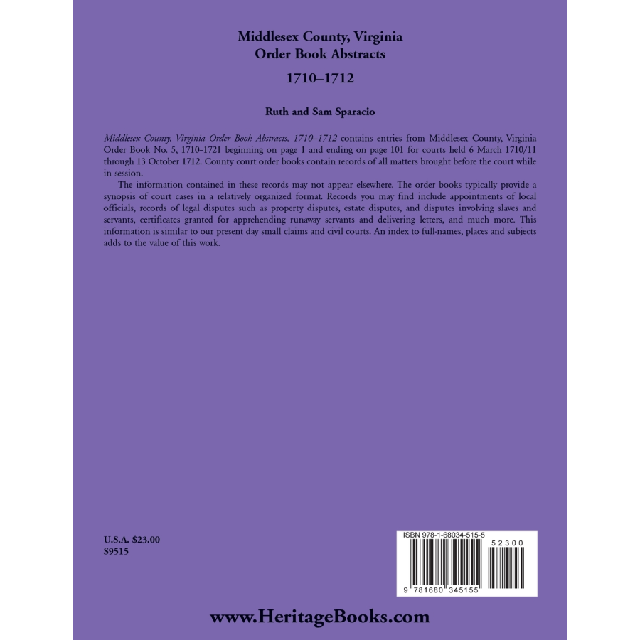 Middlesex County, Virginia Order Book Abstracts, 1710-1712 back cover