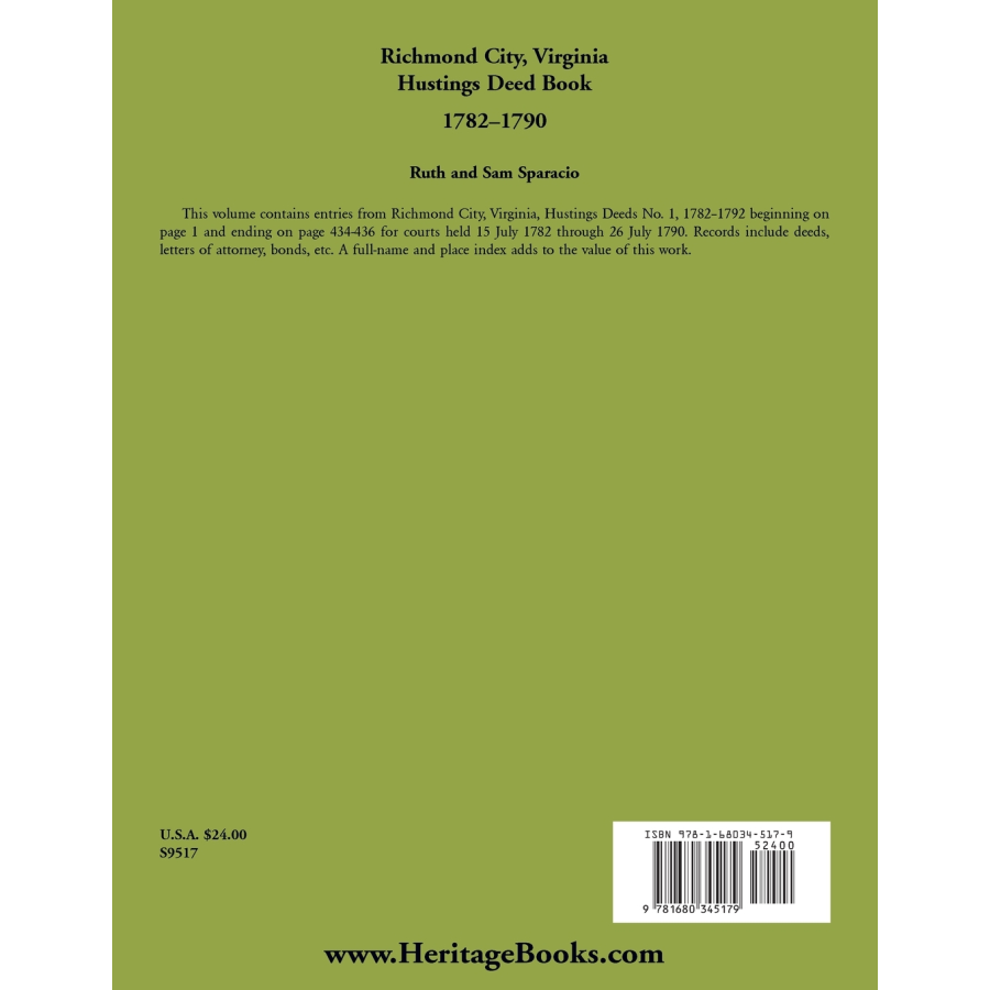 Richmond City, Virginia Hustings Deed Book Abstracts, 1782-1790 back cover