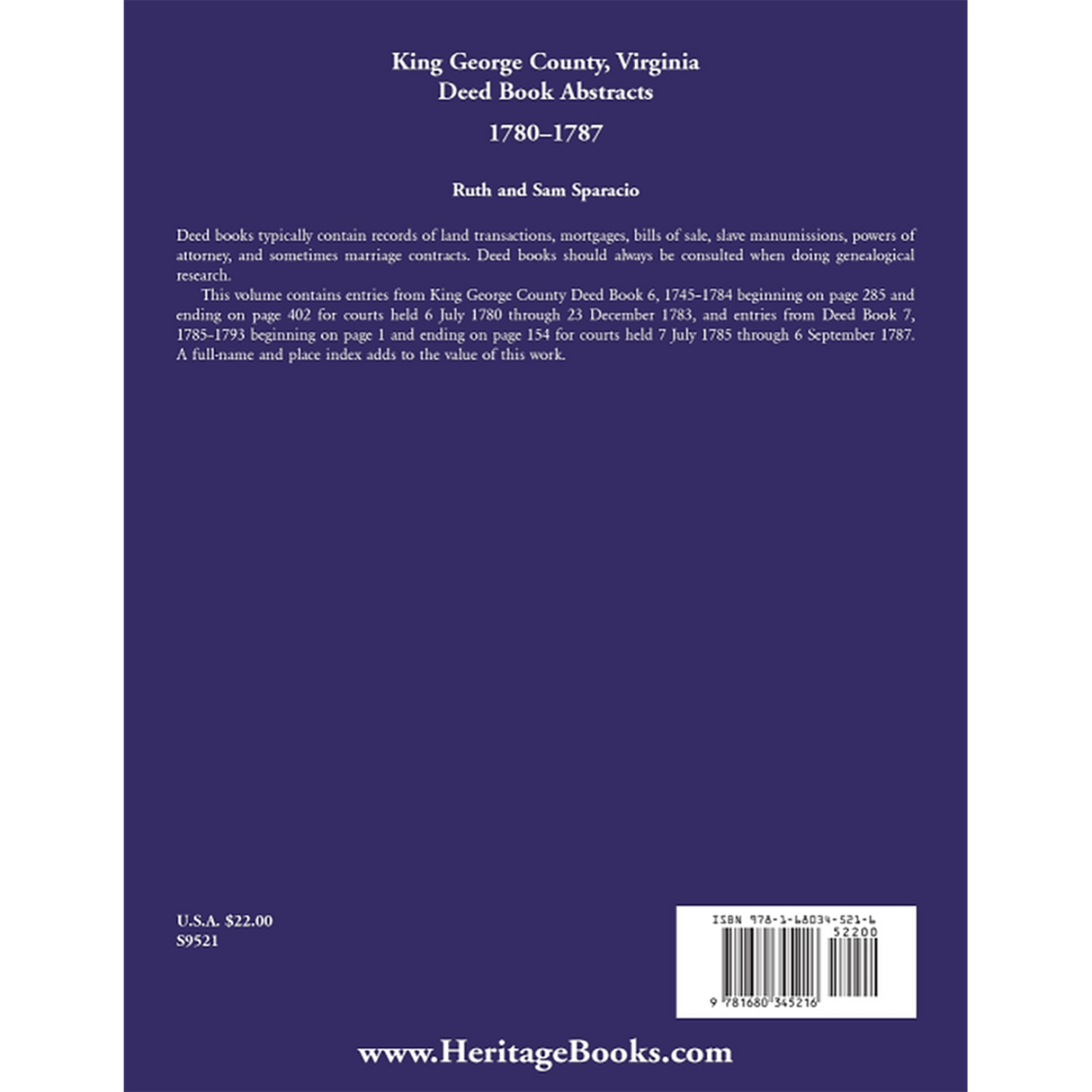 King George County, Virginia Deed Abstracts, 1780-1787 back cover