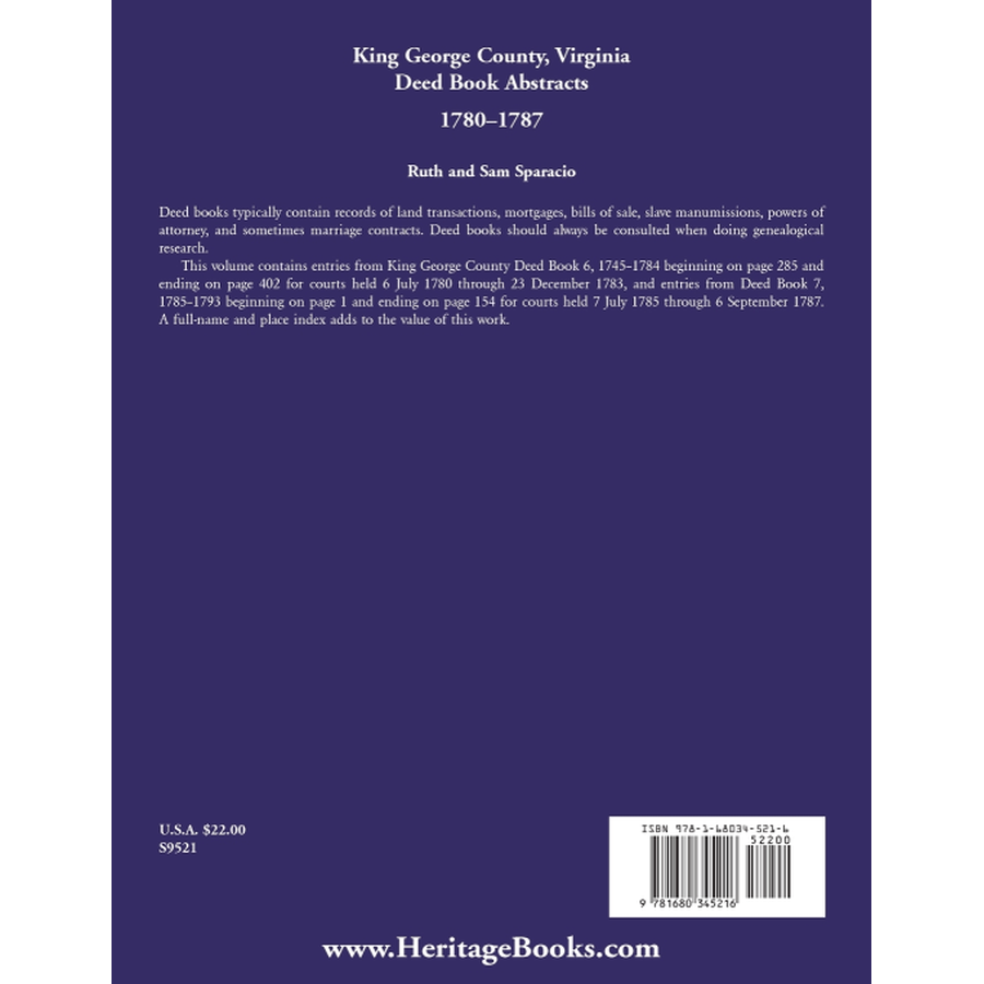 King George County, Virginia Deed Abstracts, 1780-1787 back cover