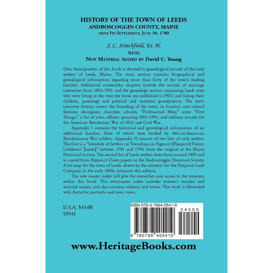 History of the Town of Leeds, Androscoggin County, Maine, From Its Settlement June 10, 1780 back cover