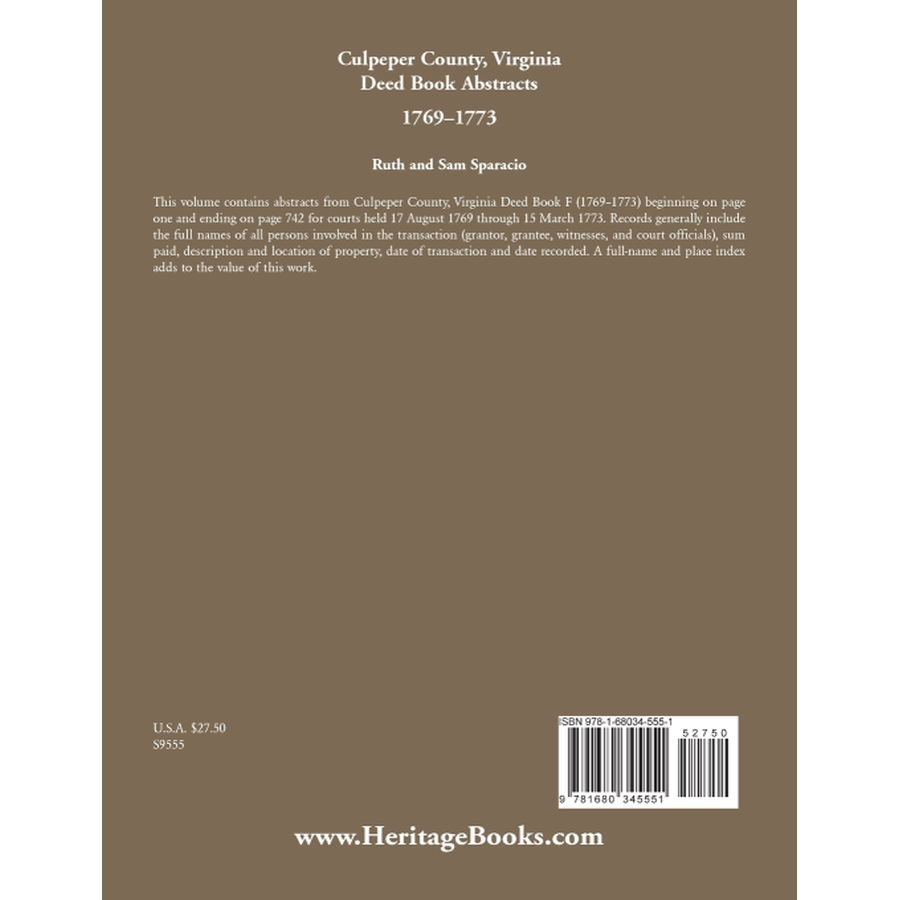 Culpeper County, Virginia Deed Book Abstracts 1769-1773 back cover