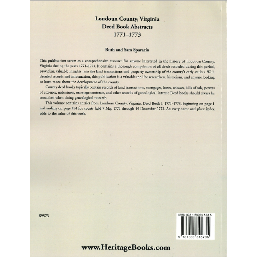 Loudoun County, Virginia Deed Book Abstracts, 1771-1773 back cover