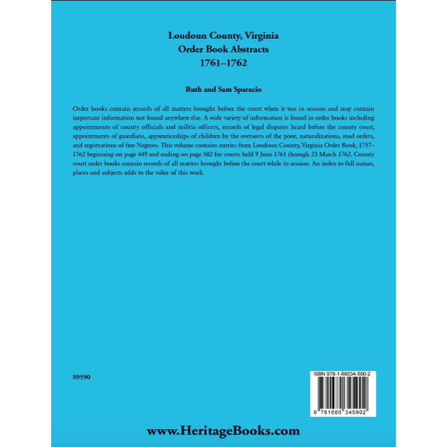 Loudoun County, Virginia Order Book Abstracts, 1761-1762 back cover