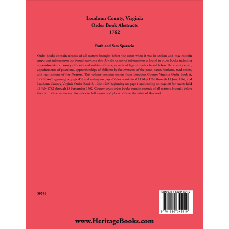 Loudoun County, Virginia Order Book Abstracts, 1762 back cover