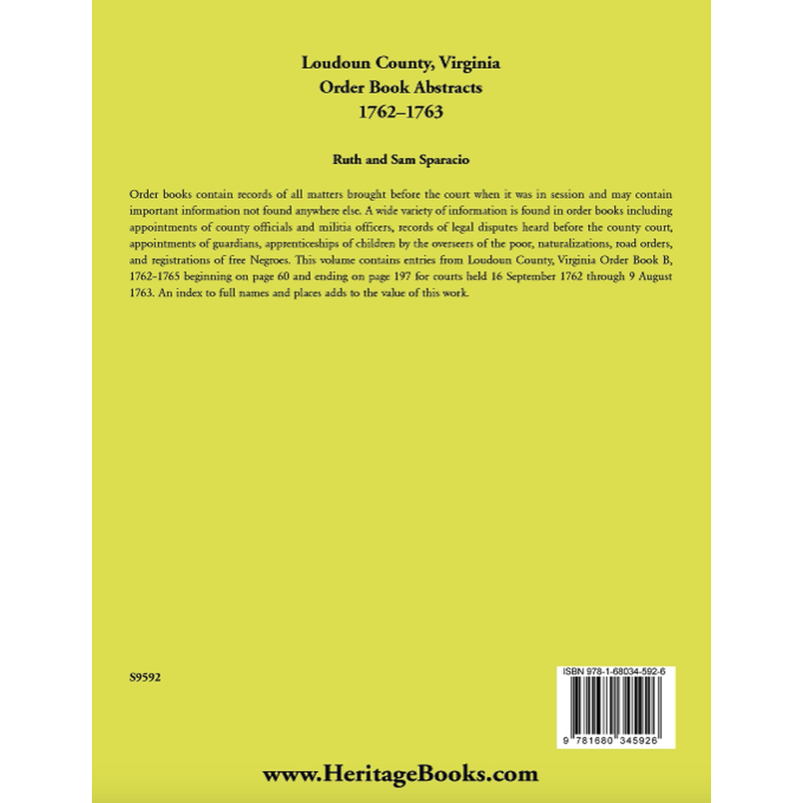 Loudoun County, Virginia Order Book Abstracts, 1762-1763 back cover
