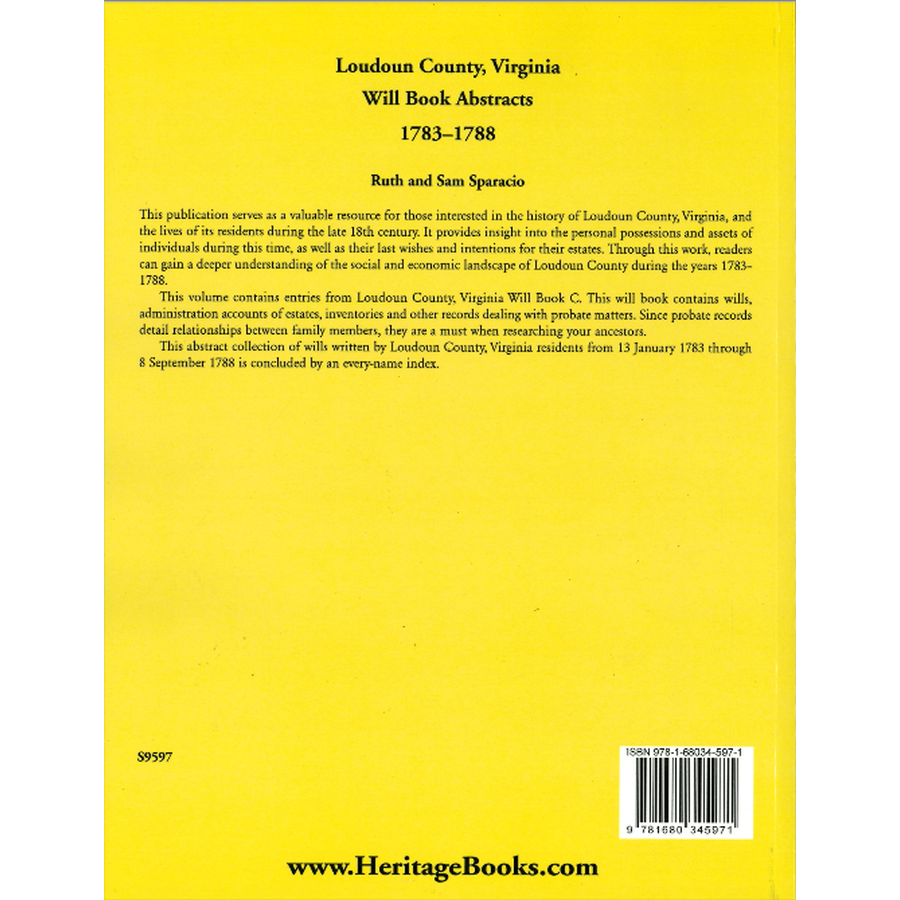 Loudoun County, Virginia Will Book Abstracts, 1783-1788 back cover