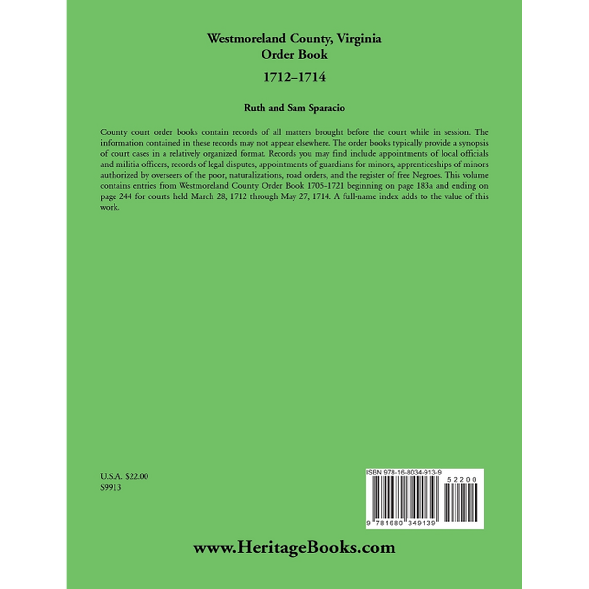 Westmoreland County, Virginia Order Book Abstracts 1712-1714 back cover