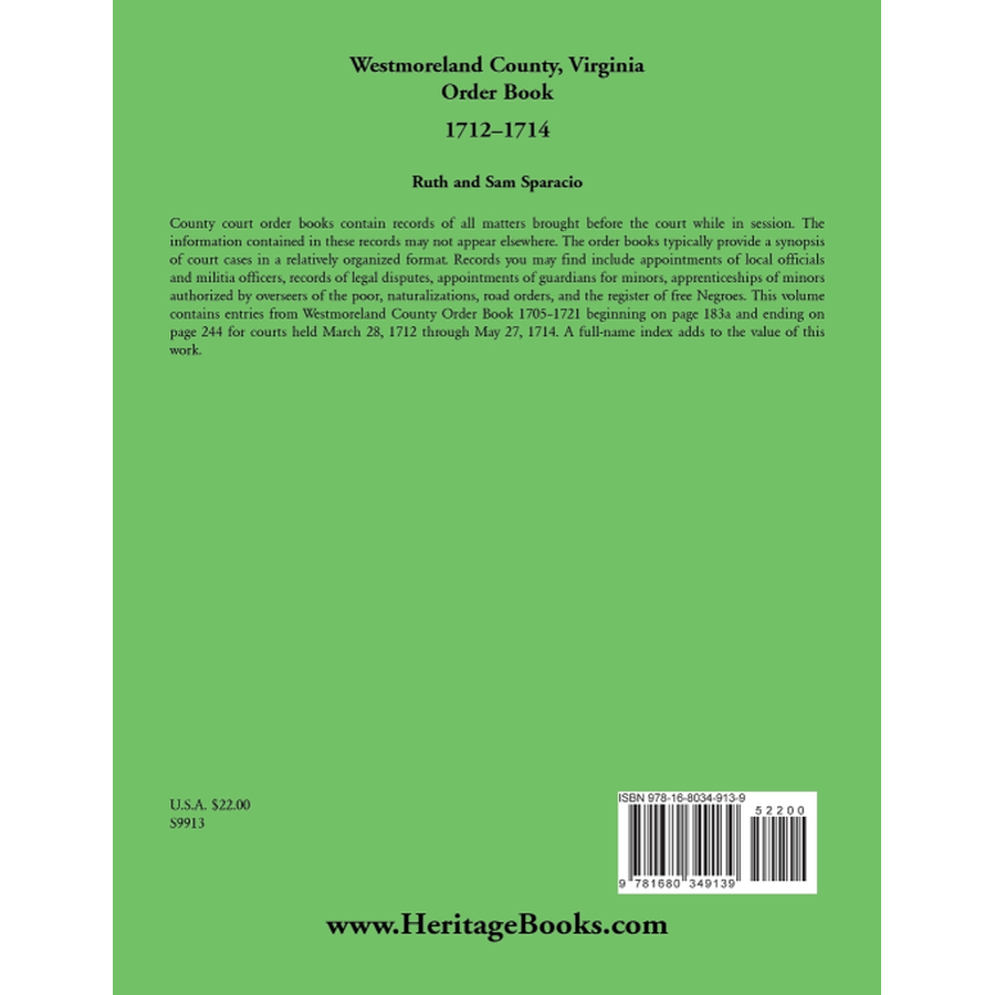 Westmoreland County, Virginia Order Book Abstracts 1712-1714 back cover