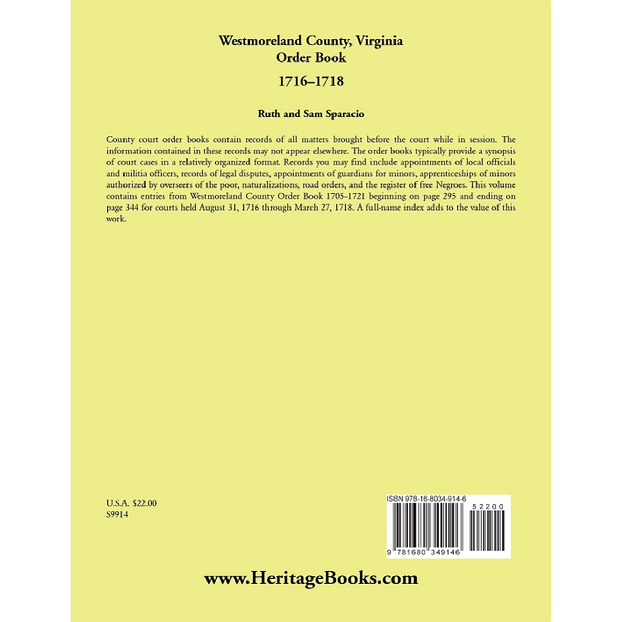 Westmoreland County, Virginia Order Book Abstracts 1716-1718 back cover