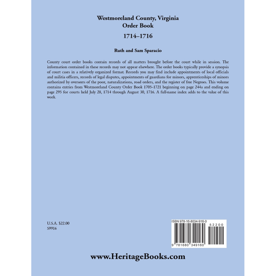 Westmoreland County, Virginia Order Book Abstracts 1714-1716 back cover