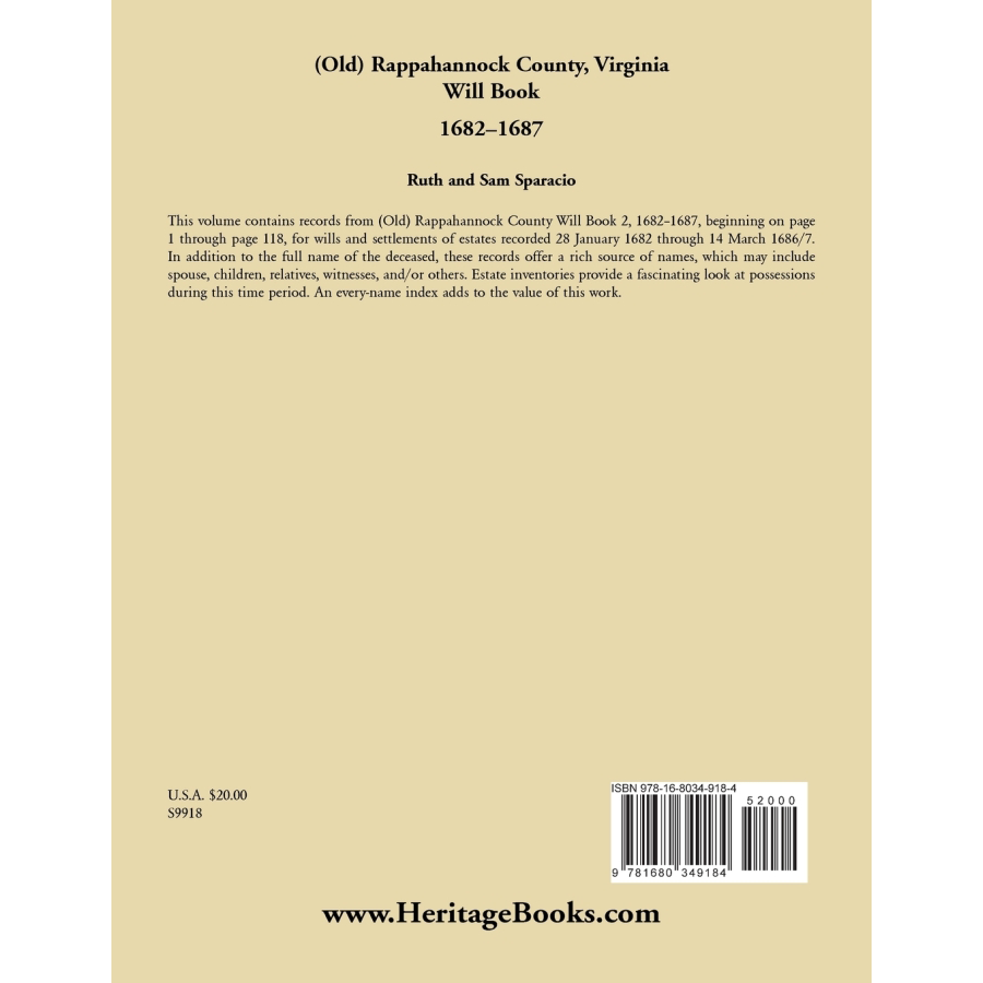 (Old) Rappahannock County, Virginia Will Book, 1682-1687 back cover